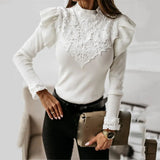 Women Lace Patchwork T-shirt Long Sleeve Turtleneck Skinny Tshirt Autumn Winter Fashion Slim Butterfly Sleeve Solid T Shirt-Outfit