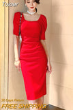 Style Vintage Square Collar Puff Sleeve Midi Party Dress Ladies OL Elegant Streetwear Backless Female Bodycon Split