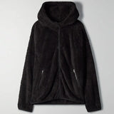 Faux Fur Coat Hooded Pockets Jackets Women Autumn Winter 2021 Casual Solid Long Sleeve Teddy Coat Fleece Zip Up