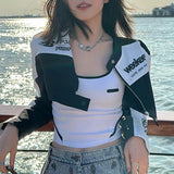 Toloer Cool Girl Motorcycle Wind Splicing Print Bump Color Jacket Women's New Standing Collar Zipper Cardigan Short Coat-Outfit