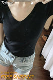 Women Casual T-Shirts V-Neck Knitting Sexy Crop Tops Screw Thread Solid Cute Clothes For Women T-shirt Summer