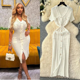 Little Scent Retro V-Neck Metal Single-D Row Buckle Slimming Temperament Knitted Dress