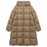 90 White Duck Velvet Long Down Jacket Female Winter New Loose Add Thick Fashion Square Pure Color Over The Knee Hooded Coat-Outfit