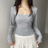 Toloer Girl Split Dense Edge Base Long Sleeve T Shirt Square Collar Wood Ear Bow Slim All-Match Jacket-Outfit