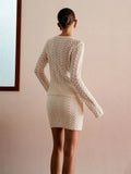 Summer New Set Knitted Hollow Deep V Collar Long Sleeves Shirt Casual