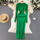 Senior Knitted Dress Women Long Sleeve Elastic Waist Split Sweater Dress Ladies Party Sexy Warm Long