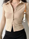 Polo Neck Long Sleeve Rib Blouse-Outfit
