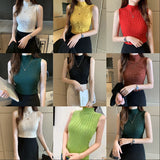Women Ribbed Halter Tank Crop Tops Summer Spring 2023 Base T-shirt Harajuku Adults Sleeveless Solid Color Round Neck Knit Tops-Outfit