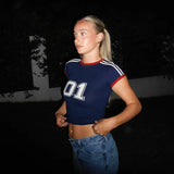 Toloer Style Digital Print Contrast Color Short-Sleeved T-Shirt Female Retro Round Collar Casual Versatile Crop Top-Outfit