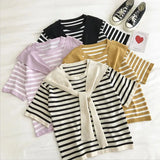 Red Fashion Short-Sleeved Knitted Shirt 2025 New Ocean Shawl Fake Two T-Shirt Striped