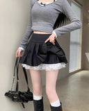 Pleated Skirts Women Sexy Bowknot High Waist Lace Patchwork Spring Fashion Culottes Sweet Firl Mini Skirt Casual-Outfit