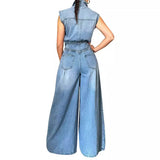 Toloer Women's New Casual Wash Sleeveless Jeans Joined Wide-Leg Pants-Outfit