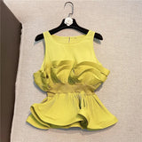 2022 Solid Color Sweet Pleated Ruffles Patchwork Shirt Women Sleeveless Slim Chiffon Blouse Top for