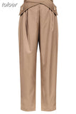 Full Length Pants For Women High Waist Patchwork Cross Sashes Casual Ruched Loose Straight Trousers Female 2023