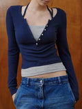 Fake Two Piece Halter Long Sleeve Tee-Outfit