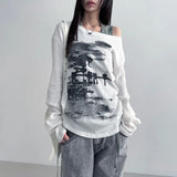 Autumn 2024 New Women's Sexy Hottie Side-Shoulder Loose Art Print Long-Sleeved