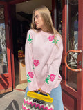 Neck Rose Sweater 2024 Autumn Winter New Female Versatile Loose Color Rose Round Neck Sweater-Outfit