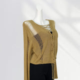 Toloer And After Two Wear Sand Dune Waste Wind Top Hole Long Sleeve T-Shirt Hollow See-Through Blouse Rope Tie Tie