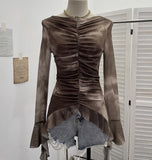 Shooting Hot Girl Horn Sleeve Net Yarn Bottom Shirt Girl Body Waste Wind Irregular Ribbon Long-Sleeved Top
