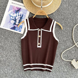 Style Striped Knitted Sleeveless Vest Women's Summer Collar Slimming Design Chic Beautiful Little Man