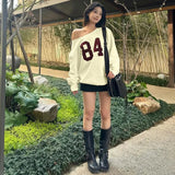 Number Printed One Shoulder Loose Sweatshirt-Outfit