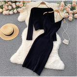 Beading Knitted Women Sets Loose Long Sleeves Sweater+ Solid Elastic Dress French Style Casual Two Piece