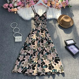 New Summer Fashion V-neck sleeveless off shoulder Dress high waist pleated waist print mid-length A-line