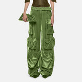 Toloer 2024 New Fashion Design Sense Splicing Pocket Decorative Design Sense High Waist Velvet Pants Straight Tube Cargo Pants-Outfit