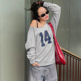 Number Printed One Shoulder Loose Sweatshirt-Outfit