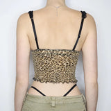Toloer Hot Girl Leopard Print Mesh Gauze Bow Sling V Collar Lace Stitching Slim Wooden Ear Vest-Outfit
