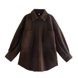 PUWD Casual Woman Camel Loose Pocket Woolen Shirt 2021 Fashion Ladies Autumn Long Sleeve Thick Blouse Coat Female Long