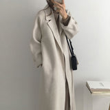 Aachoae Women Elegant Long Wool Coat With Belt Solid Color Long Sleeve Chic Outerwear Ladies Drop Shoulder Overcoat