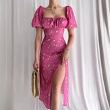 Women's Clothing 2026 Summer Bubble Sleeves Slim Sexy Thin Side Open-Print Dress
