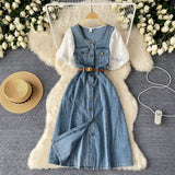 Dress Women's 2025 Summer Dress New Design Collar Bubble Sleeve Splicing Age-Sensitive Fashion Denim Long