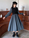 Long Sleeve Dress Women Elegant Fake Two Pieces Patchwork Puff Sleeve 2023 Spring Korean Fashion Female