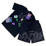 Aesthetics Male Gothic 2-Piece Hip-Hop Alphabet Print 0-Collar T-Shirt + Rope Wide Legs And Short-Outfit