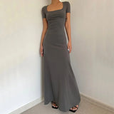 Bodycon Midi Dress Women Summer Korean Short Sleeve Square Collar A Line Dress Y2K Solid Elegant Club Party Vestidos-Outfit