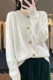 Spring And Autumn New Round Collar Simple Pure Color Temperament Commuting Color Square Buckle Loose Casual Sweater Knitting Cardigan-Outfit