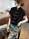 Chinese T-Shirt Short-Sleeved Women's Chinese Style Plate Button Literary And Artistic Chic Foreign Style Blouse Summer 2023 New Vintage Shirt-Outfit