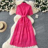 Lady Dress 2025 Summer Waists Slim Collar Short-Sleeved Hollow Hook Embroidery Single Row Buckle