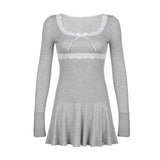 Girl Lace Lace Stitching Bow Square Collar Slim Low Waist Solid Color Pleated Dress 2024-Outfit