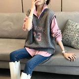 Winter Streetwear O-Neck Sweater Vest Sleeveless Polo-Neck Chiffon Two Piece Set Stylish Screw Thread Character Jumpers-Outfit