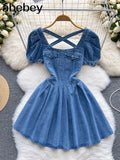 Women Summer Light Blue Denim Midi Dress Korean Style Short Sleeve Lapel Pockets Square Collar Casual Jean Dresses