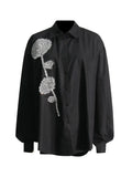 Toloer Spring New Fashion Temperament Stand Collar Heavy Industry Water Diamond Flowers Inlaid Loose Show Thin Women's Long Sleeve Shirt-Outfit