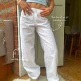 Women Casual cleanfit Striped Pants Elastic Low Waist Solid Color Loose Aesthetic Transparent Trousers with Pockets-Outfit