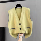 Clip Women's 2024 Spring And Autumn New Korean Version Of V-Collar Single-Breasted Loose Sleeveless Sweater Vest Feminine-Outfit