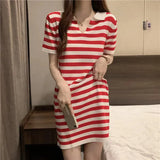 Version Of Temperament Striped T-Shirt Dress Retro POLO Received Waist-Skinny Straight Dress Summer Dress