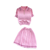 New Knitted Shirt Two Sets Of Women Retro Short-Sleeved Top + High-Waisted Folded