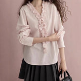 Sweet Lace Striped Shirt Woman 2025 Early Spring New Loose Thin Top Wood Ear V-Neck