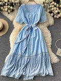 Women Elegant Solid Dress Retro Short Sleeve V Neck A-line Dresses Summer Korean Streetwear Midi Long Dress